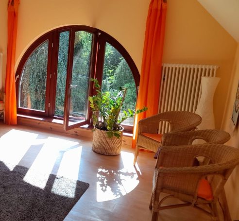 Heller Raum mit großen Fenstern, orange Vorhängen und einem Topf mit Pflanzen.